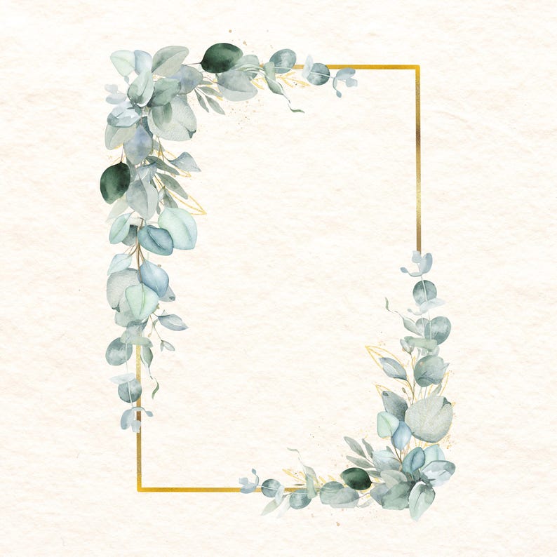 Eucalyptus and Gold Frame Clipart, Green Leaves Garland PNG, Greenery ...