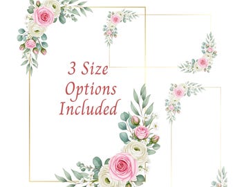Watercolor Floral Clipart: Blush Pink Roses, Gold Eucalyptus Frame
