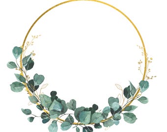 Eucalyptus and Gold Wreath Clipart: Watercolor Greenery Frame (Digital Download)