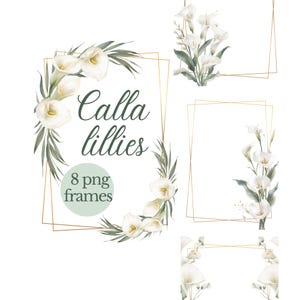 Könnte beinhalten: Digitale Illustration mit Aquarell-Calla-Lilien und Grün, angeordnet um goldene geometrische Rahmen. Der Text "Calla lilies" und "8 png frames" ist ebenfalls enthalten. Das Design befindet sich auf weißem Hintergrund.