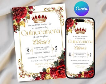 Red Gold Quinceañera Invitation Template, Floral Mis Quince Anos, DIY Printable Card