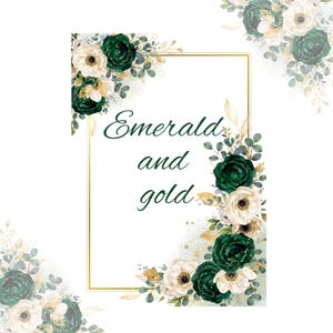 Może przedstawiać: Białe tło ze złotą prostokątną ramką i kwiatowymi akcentami. Kwiaty są szmaragdowo-zielone i białe, ze złotymi detalami liści. Tekst "Emerald and gold" jest napisany czcionką skryptową.