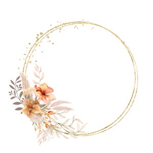Flores de Outono e Coroa de Ouro Clipart, Moldura de Aquarela Floral de Outono, Coroa de Folhas PNG, Clipart de Casamento, Convite DIY, Download Digital