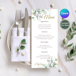 Modèle de Menu de mariage verdure, cartes de menu de Table imprimables eucalyptus, téléchargement de menu de dîner modifiable, signe de menu de mariage vert et or # ELVA