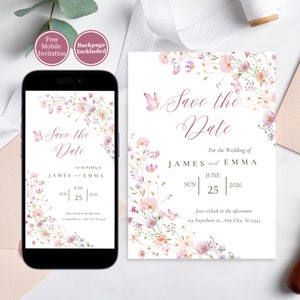 Plantilla de invitación electrónica e imprimible para guardar la fecha de boda con flores silvestres. Descarga tarjetas digitales editables. Postal floral para guardar la fecha.