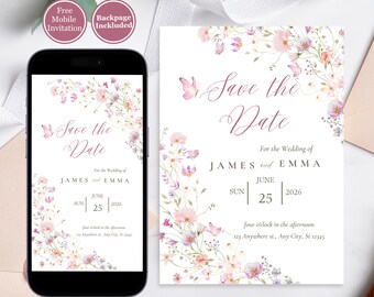 Wildflower Wedding Save The Date Template: Floral Digital Cards (Printable & Electronic)