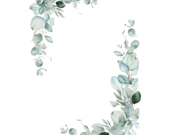May include: Watercolor illustration of a eucalyptus wreath frame with green and blue leaves. The wreath is perfect for adding a touch of nature to your designs.