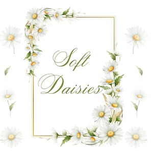 May include: A watercolor illustration of white daisies with yellow centers arranged in a wreath around a gold frame. The text "Soft Daisies" is written in green cursive inside the frame.
