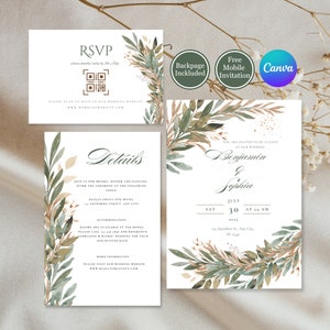 Modèle de suite faire-part de mariage automne imprimable Invitation automne lot avec QR code rsvp Ensemble de mariage d'eucalyptus modifiable en téléchargement numérique