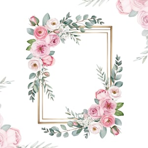 Clipart floral de rosa rosa y crema, borde de eucalipto con flores de acuarela, clipart de boda con marco dorado PNG, invitación de bricolaje, descarga digital