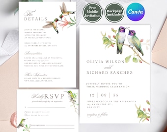 Pode incluir: Um conjunto de convites de casamento com tema de beija-flor. Os convites incluem detalhes, RSVP e cartões de anúncio. O design apresenta beija-flores em aquarela e detalhes florais. O texto inclui os nomes Olivia Wilson e Richard Sanchez.