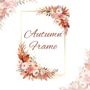 Herfstbloemen en gouden frame clipart, aquarel herfstbladeren rand png, bloemen herfstboeket, download bruiloft clipart