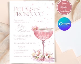 Puede incluir: Una invitación de despedida de soltera rosa y blanca con el texto "Petals & Prosecco" y una copa de cóctel rosa con una guarnición de flores. La invitación incluye el nombre de la novia, la fecha y la hora del evento, y la dirección. También se incluye información de RSVP.