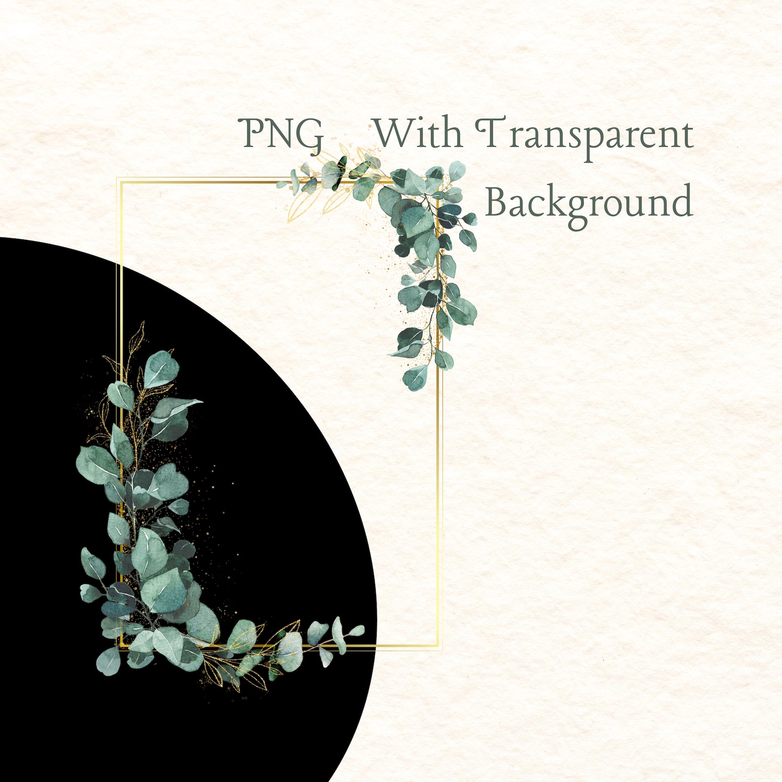 Eucalyptus and Greenery Watercolor Border, Gold Frame Clipart, Green ...