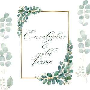 Aquarel eucalyptus en gouden frame clipart, groene bladeren slinger PNG, groene rand, bruiloft clipart, DIY-uitnodiging, digitale download