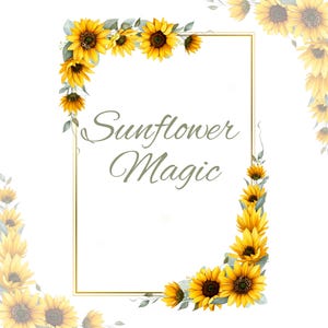 Yellow Sunflower and Gold Frame Clipart, Flower Wedding Clipart, Greenery Watercolor Floral Border PNG, DIY Invitation, Digital Download