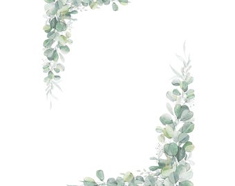 May include: Watercolor illustration of a leafy green border with branches and leaves in shades of green and white. The border is perfect for adding a touch of nature to your designs.