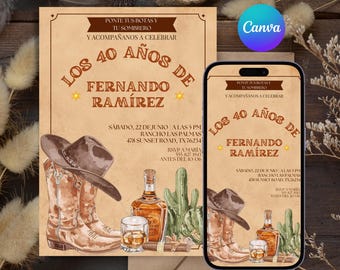 Wild West Vaquero Birthday Invitation Template, Spanish Invite, Vintage Cowboy, Mexican Celebration, 40th Bday