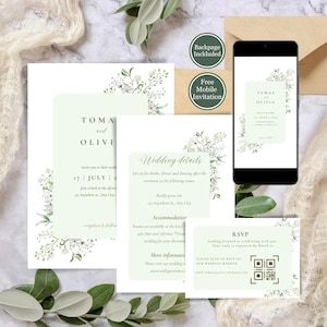 Wildflower Wedding Invitation Suite Template, Printable and Digital Wedding Invitation, Greenery Invitation Set, White and Green rsvp Invite