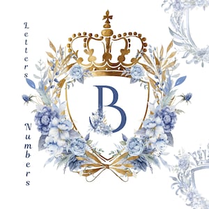 Dusty Blue Floral Crest Clipart: Gold Frame, Alphabet & Numbers (Digital Download)