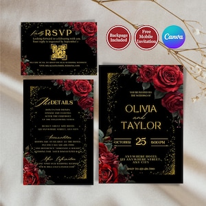 May include: A set of wedding invitations with a black background, red roses, and gold text. The invitation includes details for the wedding of Olivia and Taylor, with an RSVP card, details card, and invitation card. The text includes the date, time, and location.