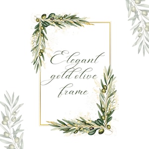 Może przedstawiać: Elegancka, złota prostokątna ramka z gałązkami oliwnymi i oliwkami w rogach. Tekst "Elegant gold olive frame" jest napisany kursywą. Tło jest białe. Motyw botaniczny.
