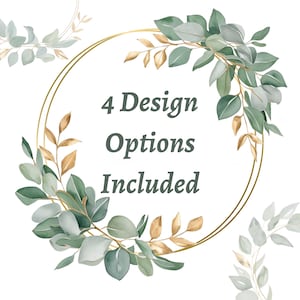 Clipart eucalyptus en gouden krans, groene bladeren rand PNG, groen aquarel frame, bruiloft clipart, DIY-uitnodiging, digitale download