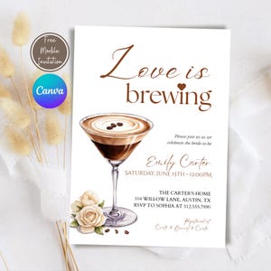 Love is Brewing Espresso Martini Bridal Shower Invitation Template Coffee Theme Bridal Brunch Invite Floral Wedding Shower Editable Template