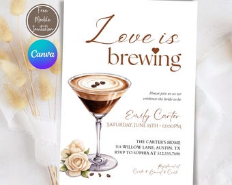 Miłość parzy Espresso Martini Bridal Shower Invitation Template Coffee theme Bridal Brunch Invite Floral Wedding Shower Editable Template