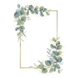Eucalyptus et cadre doré, guirlande de feuilles vertes PNG, bordure aquarelle verdure, clipart mariage, faire-part bricolage, téléchargement numérique