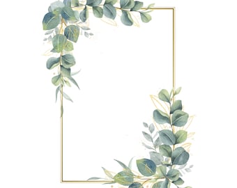 May include: A gold frame with a watercolor illustration of eucalyptus leaves and branches. The frame is empty and ready for text or an image.