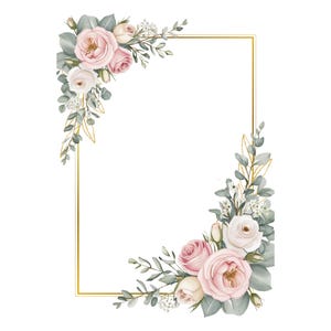 Pink Pose and Cream Floral Clipart, Watercolor Eucalyptus Border, Gold Frame Rose Wedding Clipart PNG, DIY Invitation, Digital Download