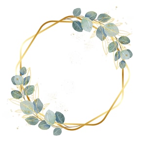 Clipart eucalyptus en gouden krans, groen aquarel frame, groene bladeren krans PNG, bruiloft clipart, DIY-uitnodiging, digitale download