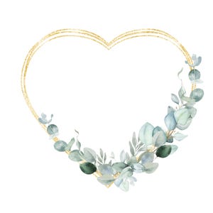 Clipart corona di eucalipto e cuore d'oro, Clipart matrimonio, PNG corona di foglie, cornice acquerello verde, invito fai da te, download digitale