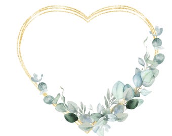 May include: A gold heart-shaped frame with a border of glitter is decorated with a wreath of eucalyptus leaves. The leaves are a light green and gray color.