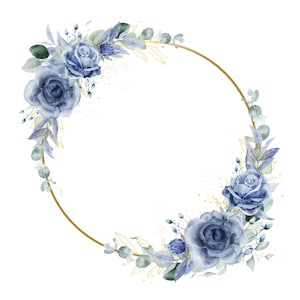Aquarel stoffige blauwe bloemen en gouden lijst, blauwe bloemenkrans png, bruiloft clipart, doe-het-zelf-uitnodiging, digitale download