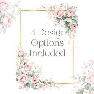 Posa rosa e clipart floreale crema, bordo di eucalipto acquerello, clipart di nozze di rose con cornice dorata PNG, invito fai da te, download digitale
