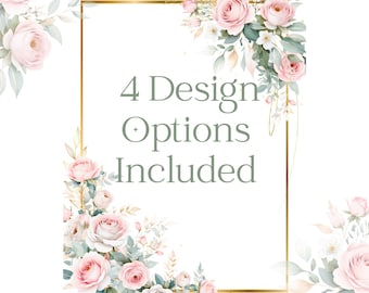 Pink Pose and Cream Floral Clipart, Watercolor Eucalyptus Border, Gold Frame Rose Wedding Clipart PNG, DIY Invitation, Digital Download