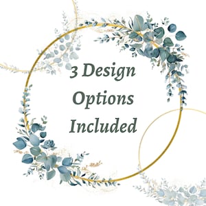 Blauwe eucalyptus en gouden krans clipart, groene bladeren krans png, groen aquarel frame, bruiloft clipart, DIY-uitnodiging, digitale kunst