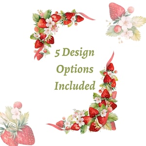 Clipart de fresas rojas, marcos de flores de fresa en acuarela, borde de primavera y verano, clipart de boda de frutas PNG, descarga digital de invitación DIY