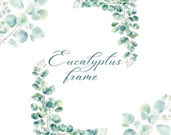 Clipart con cornice di eucalipto ad acquerello: bordo con ghirlanda verde (download digitale)
