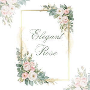 Watercolor Pink Pose and Cream Floral Clipart, Gold Frame Rose Wedding Clipart PNG, Eucalyptus Border, DIY Invitation, Digital Download