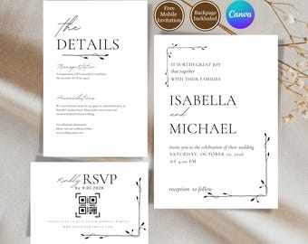 Peut inclure: Suite d'invitation de mariage avec un design noir et blanc. L'invitation présente une bordure florale et le texte "C'est avec une grande joie que, ensemble, avec leurs familles, Isabella et Michael vous invitent à la célébration de leur mariage le samedi 10 octobre 2026 à 16h00 réception à suivre". La carte des détails comprend des informations sur le transport, l'hébergement et les détails de la RSVP avec un code QR.