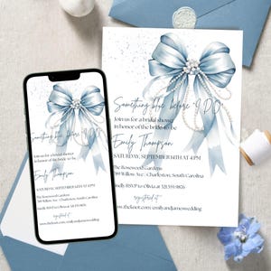 Something Blue Bridal Shower Invitation: Blue Bow Pearls (DIY Editable, Digital Download)