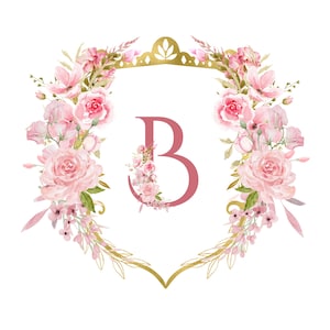 Clipart de escudo dorado y flores de acuarela rosa, elegante marco de escudo, alfabeto y números, invitación DIY, clipart de boda