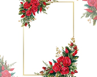 Red Roses Floral Clipart: Eucalyptus Watercolor, Gold Frame (Digital Download)