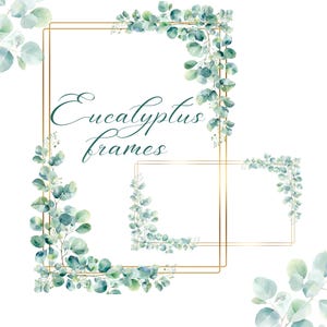 Eucalyptus en gouden frame clipart, groen aquarel grens, groene bladeren slinger PNG, bruiloft clipart, DIY-uitnodiging, digitale download