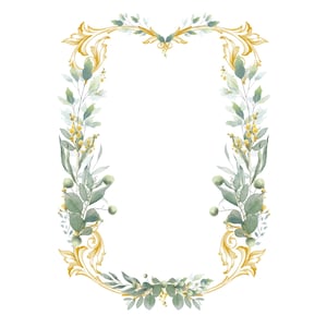 Clipart cornice eucalipto e oro, bordo acquerello verde morbido vintage PNG, clipart matrimonio, invito fai da te, download digitale