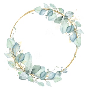 Eukalyptus und Gold Kranz Clipart, Grüne Blätter Kranz PNG, Grüner Aquarell Rahmen, Hochzeit Clipart, DIY Einladung, digitaler Download