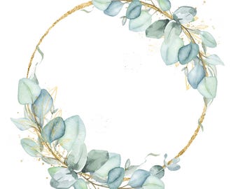 Eucalyptus Gold Wreath Clipart: Watercolor Greenery Frame (Digital Download)